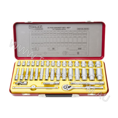 Socket Set 3/8 Dr 35Pc 15 Standard 15 Deep 6Pt Socket & Accessories Red Metal Case