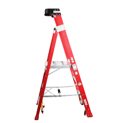 Ladder Platform Ht 0.9m 150kg Fibreglass Industrial Red 1.8M High Spring Wheels Safety Gate
