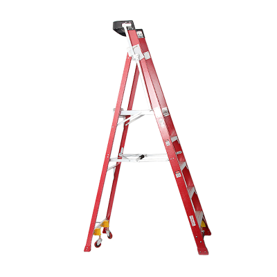 Ladder Platform Ht 1.5m 150kg Fibreglass Industrial Red 2.4M High Spring Wheels Safety Gate