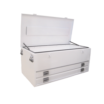 Truck Box Steel 1210 x 600 x 520 White 2 Drawers Gas Struts Lock Down Top Lid