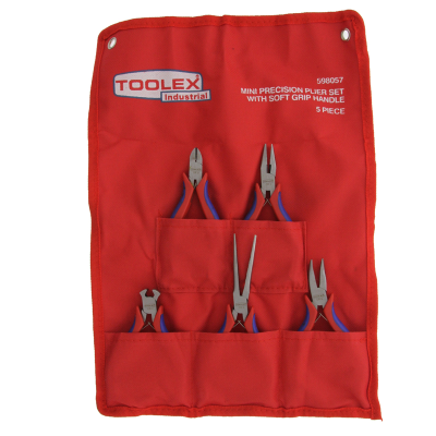 Plier Set 5 Piece: Long Nose, Combination, Diagonal, End Nipper, Bent Long Nose Mini