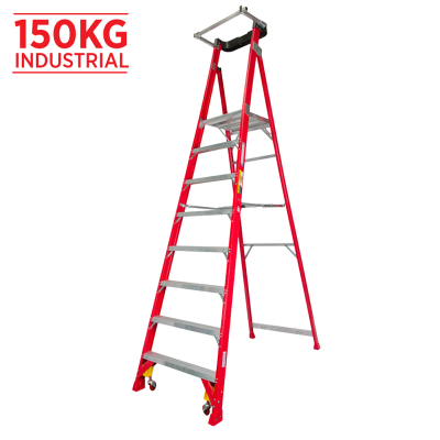 Ladder Platform Ht 2.3m 150kg Fibreglass Industrial Red 3.3m Spring Wheels Safety Gate