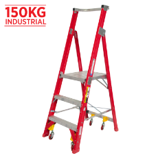  Ladder Platform Ht 0.9m 150kg Fibreglass Industrial Red 1.8m Spring Wheels As/Nzs1892.1