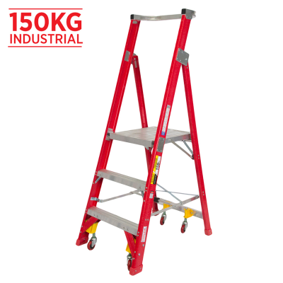 Ladder Platform Ht 0.9m 150kg Fibreglass Industrial Red 1.8m Spring Wheels As/Nzs1892.1