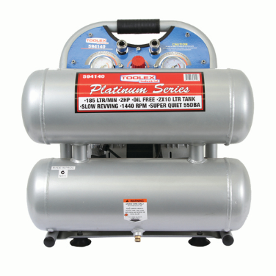 Air Compressor 2.0Hp 20L Alum Twin Tank 2x10L Silent Type 185 LM 1440 Rpm 55Db Oilless20