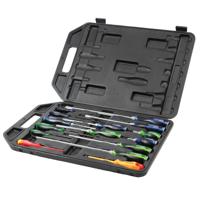 Screwdriver 15 Piece Set Flat & Phillips Head Go Thru Hex Shaft with Carry Case